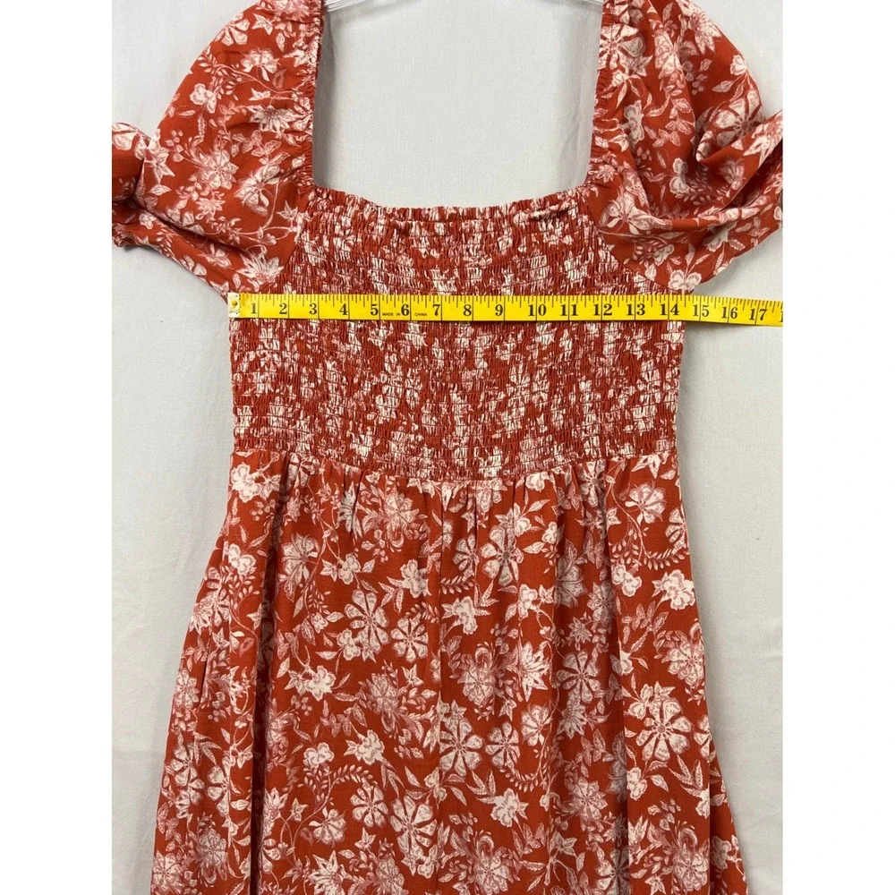 Melrose and Market Floral Smocked Midi Dress Women Large Orange Puff Sleeve Boho - Picture 6 of 10